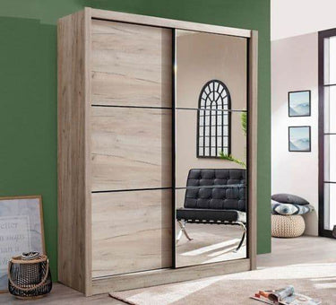 Navara Oak Effect Sliding Door Wardrobe: 166cm Wide, Mirrored, Spacious Storage Solution - UK Luxury Furniture